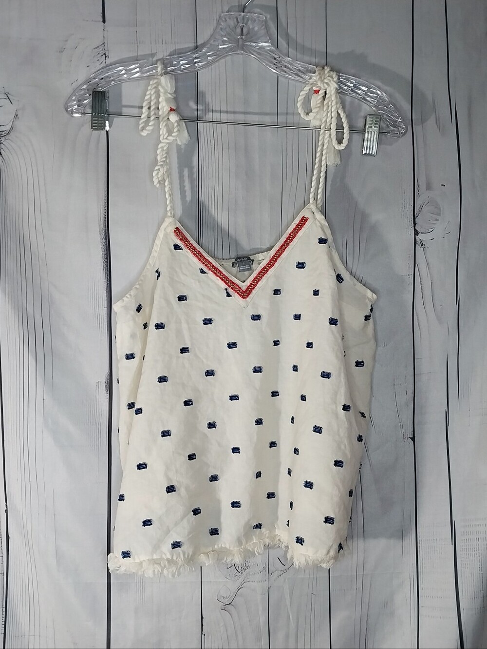 Aerie Boho Flowy Coastal Embroidered Peasant Dot Tie Shoulder Tank Top